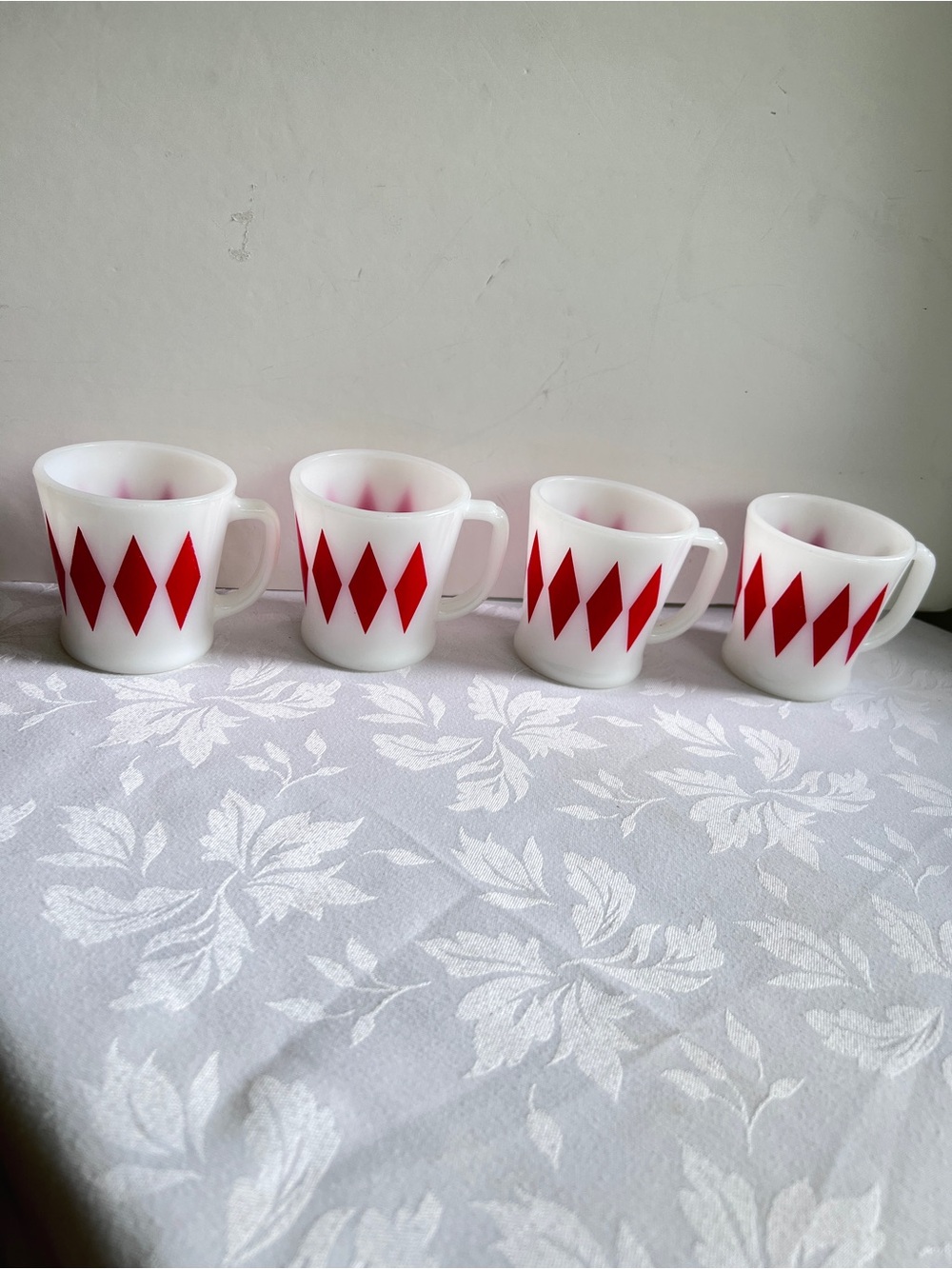 Vintage Fire King Harlequin Milk Glass Set of 4 Red Mugs